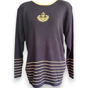 Casual Corner vintage navy gold Nautical Anchor striped embroidered sweater sz M